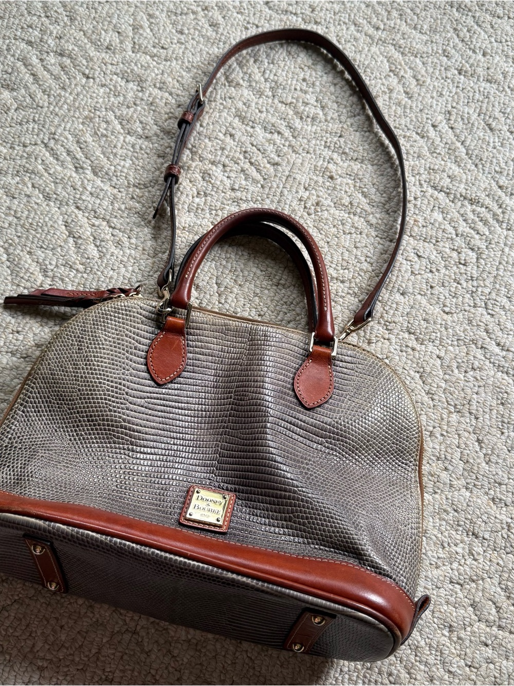 Dooney & Bourke Gray Pebbled Top Handle & Sholuder Strap Bag with Brown Trim